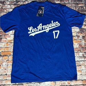 Majestic Los Angeles Script Tee in Royal Blue with White Print